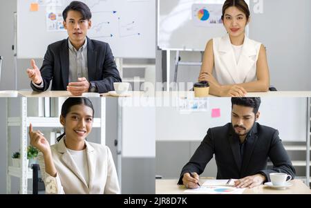 Videokonferenz-Online-Meeting für Teilnehmer mit Kopfaufnahme. Junge asiatische Partner, die verhandeln, nutzen Videocall. Die Mitarbeiter des Unternehmens lösen Probleme per Fernzugriff Stockfoto