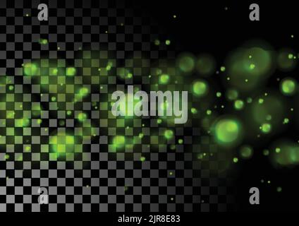Grün leuchtendes Bokeh beleuchtet Partikel auf kariertem transparentem Hintergrund. Leuchtendes Vektordesign Stock Vektor