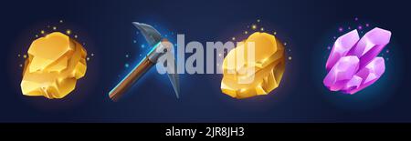 Set aus Pickaxe, Gold und Mineralien isoliert auf dem Hintergrund. Vektor-Illustration von Abenteuer-Spiel Requisiten. Retro-Werkzeug für Schatzsuche und Bergbau, Edelmetallstücke, Edelsteine. GUI-Designelemente Stock Vektor