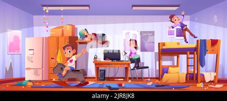 Unordentliches Schlafzimmer mit spielenden Kindern, schmutzigen Möbeln, Unordnung und verstreuttem Müll. Kinder spielen in unordentlichen Herberge oder Schlafsaal mit Etagenbett, Computer und Kleiderschrank, Vektor-Cartoon-Illustration Stock Vektor