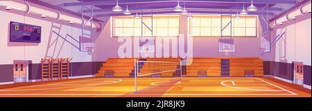 Leere Basketballplatz Cartoon Illustration. Vector Innenarchitektur der Sporthalle, um Mannschaftsspiele mit Ringen und elektronischen Score-Board an der Wand, Volleyballnetz, Zuschauersitze zu spielen. College-Stadion Stock Vektor