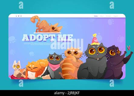 Adopt Me Cartoon Landing Page. Heimatlose Haustiere Adoption Event Ankündigung promo mit lustigen Kätzchen. Tierheim Nächstenliebe, Rettung, Schutz und Unterstützung, Sorgerecht, helfen streunende Katzen Vector Web-Banner Stock Vektor