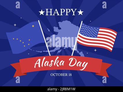 Happy Alaska Day am 18. Oktober handgezeichnete Cartoon-Flachillustration mit Flaggenschwenken in der Winterlandschaft als Vorlage für Banner oder Poster Stock Vektor