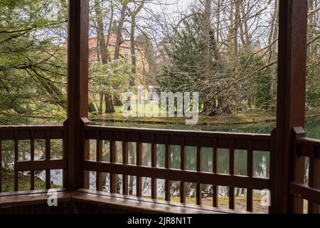 Betrachten Sie den sonnigen Sommertag in der Natur von der hölzernen Nische aus. Sonnige und frische grüne Umgebung Natur Hintergrund. Botanischer Garten. Einheit mit der Natur Stockfoto