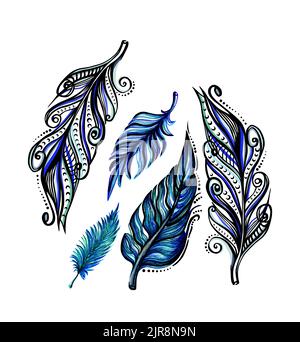 Aquarell- und Federfarben-Illustration. Handbemaltes Cliparts-Set isoliert auf weißem Hintergrund. Für Poster, Banner, Drucke, Karten, Hintergründe Stockfoto