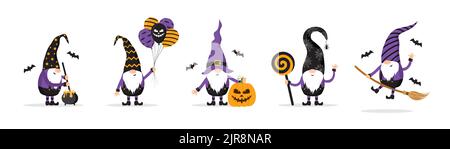 Halloween-Zwerge. Niedliche skandinavische Elfen-Kollektion. Zwerg feiern gruselige Nacht. Fröhliche Weihnachtsfiguren. Vektorgrafik in flacher Karikatur Stock Vektor