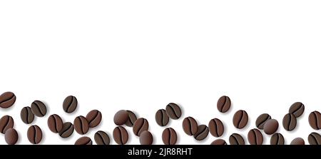 Hintergrund mit isolierten realistischen Kaffeebohnen, Ansicht von oben, unten in der Komposition Stock Vektor