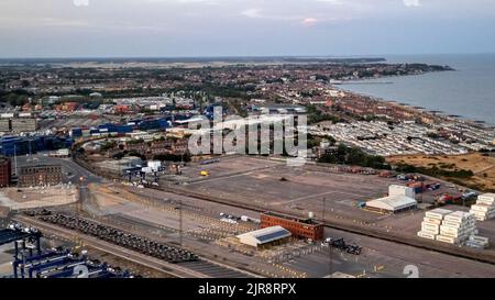 Luftaufnahme des Hafens von Felixstowe in Suffolk während des Streiks Stockfoto