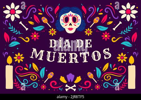 Dia de muertos, Totentag-Illustration mit Frauenschädel, Kerze und Maracas Stock Vektor