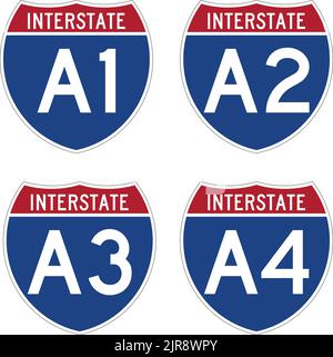 Autobahnschild zur Interstate Route A1, A2, A3, A4 in Alaska Stock Vektor