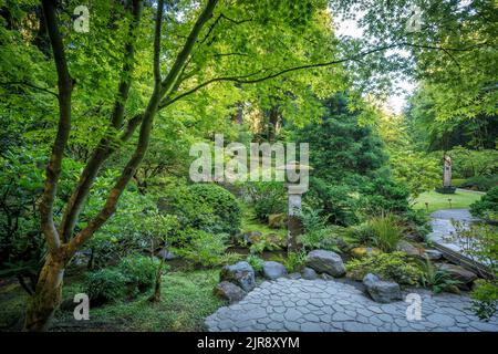 Landschaft des Japanischen Gartens in Portland, Oregon Stockfoto