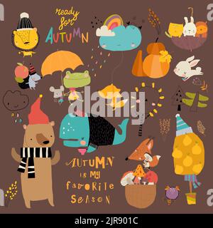 Cartoon Herbst Set mit lustigen Tieren und Bäumen Stock Vektor