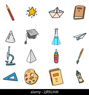 Set von Symbolen Zurück in die Schule, Handzeichnung Sammlung. Vektordarstellung Skizze Linie Form Farbstil Stock Vektor