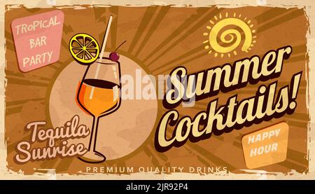 Sommer Tequila Sunrise Cocktail Retro Banner. Cocktailbar mit Vintage-Hintergrund, zerkratztem, altem Strukturpapier. Vektorgrafik Vorlage Stock Vektor