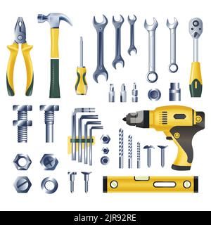 Werkzeuge und Instrumente zur Reparatur und Befestigung Stock Vektor