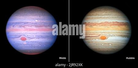 Planet Jupiter Vergleich visuelle Gewinne in ultraviolettem, sichtbarem, nahem Infrarot, Licht. Elemente dieses Bildes wurden von der NASA eingerichtet. Stockfoto