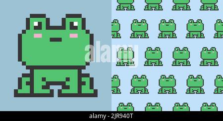 8 Bit niedlichen grünen Frosch. Nahtloses Muster. Design Tier Charakter Pixel Vektor-Stil. Baby-Textur für Stoff, Verpackung, Textil, Tapete, Kleidung Stock Vektor