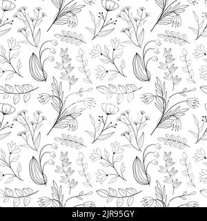 Florales Nahtmuster im schwarz-weißen Linienstil. Doodle Flowers Textildruck. Vintage-Naturgrafik. Glockenblume, Wiesenblumen und Blätter Mo Stock Vektor