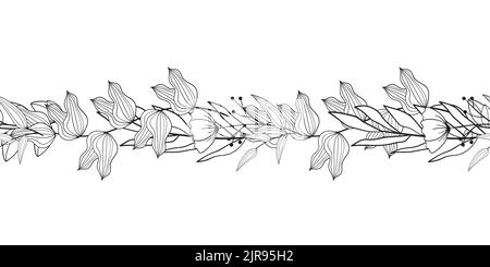 Vintage rustikal nahtlose Musterbordüre mit floralem Motiv. Blumen schwarz-weiße Linienabbildung. Blumen und Blätter Stock Vektor