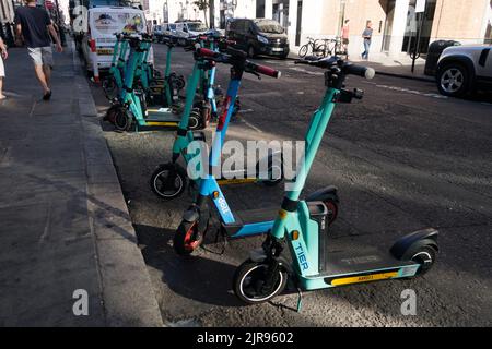 Tier-E-Scooter, der entlang einer Straße im Stadtzentrum von London verstreut ist Stockfoto