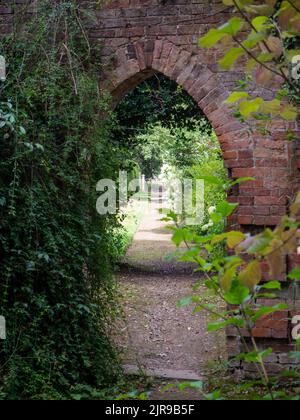 Der alte Ziegel etwas über dem gewachsenen Torbogen Tür Weg zu einem anderen Garten Stockfoto