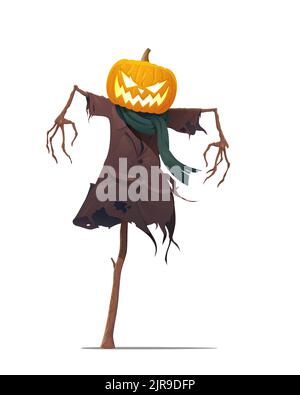 Die Vogelscheuche mit Kürbiskopf ist auf weißem Hintergrund isoliert. Die Vektordarstellung einer Zeichentrickfigur für Halloween. Stock Vektor
