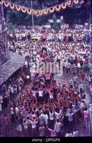 Janmashtami, Krishnas Geburtstagsfeier, Dahi Handi, Govindas Pyramide, um die Dahi Handi zu brechen. Stockfoto