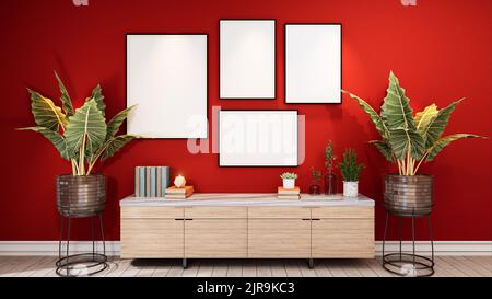 Stilvolles Innendesign des Esszimmers mit Tischstuhl, tropische Pflanze aus Keramik-Topf, Mock Up Posterrahmen an der Ingwer-Farbwand. Vorlage. Zu Hause Stockfoto