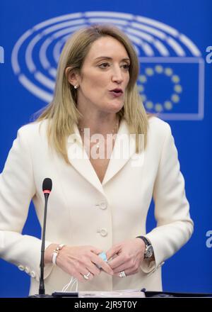 Straßburg (Elsass, Nordostfrankreich), 18. Januar 2022: Erste Rede von Roberta Metsola, neu gewählte Präsidentin des Europäischen Parlaments Stockfoto