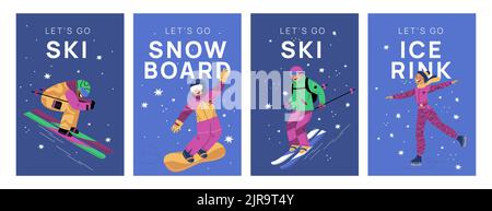Wintersport-Poster. Leute Snowboarden. Skifahren und Schlittschuhlaufen. Sportler-Charaktere. Aktivitäten im Freien. Freizeit in der kalten Jahreszeit. Skifahrer und Stock Vektor