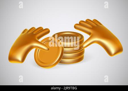 Golden 3D Cartoon menschliche Hände zählen goldene Münzen. Stock Vektor