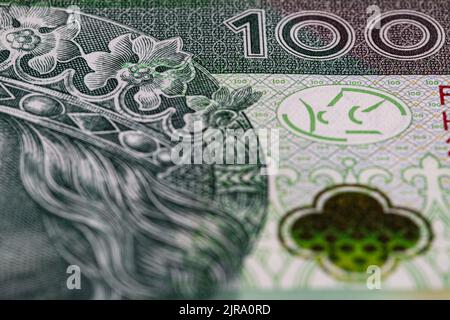 Vorderseite der 100 polierten Zloty-Banknote für Designzwecke Stockfoto