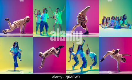 Eine Gruppe von Kindern in sportlicher Kleidung und Mann, der Hip-Hop und Breakdance auf farbenfrohem Hintergrund in Neon tanzt. Tanzschlacht Stockfoto