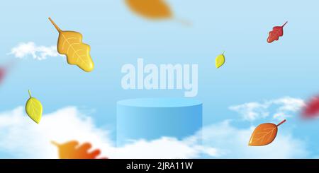 Zylindrisches Podium für die Warenanzeige in der Herbstsaison. Design mit realistischen Wolken und bunten 3D Blättern. Vektor Stock Vektor