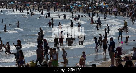 South Bay Beach, Scarborough, voller Urlauber während der Hitzewelle, Scarborough, Yorkshire, England, Großbritannien Stockfoto