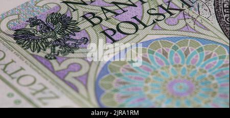 Vorderseite der 100 polierten Zloty-Banknote für Designzwecke Stockfoto