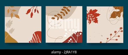 Abstraktes Herbstposter im modernen Hipster-Stil. Herbstblätter, Beeren, Flecken. Trendige moderne Kunst mit Herbstelementen. Stock Vektor