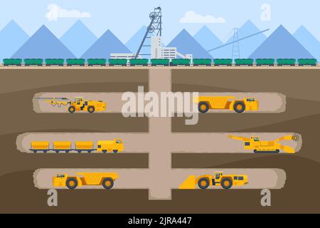 Isometrischer Bau im Untertage- und Tagebau. Fabriken oder Industrieanlagen, Schwerindustrie. Ausrüstung für die Bergbauindustrie Stock Vektor