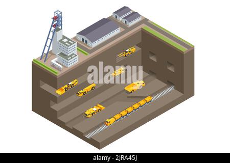 Isometrischer Bau im Untertage- und Tagebau. Fabriken oder Industrieanlagen, Schwerindustrie. Ausrüstung für die Bergbauindustrie Stock Vektor