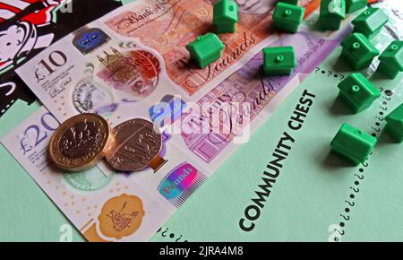 Monopoly Board, Sterling Notes, Kosten für den Kauf von Immobilien, neue Häuser in England & Wales, Verringerung der Wirkung von Zweitwohnungen auf die Gemeinschaft Stockfoto