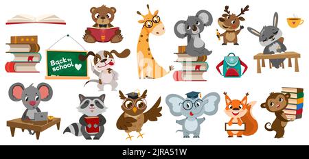 Satz von Schultieren. Nette Zeichentrickfilm Schüler Zeichen schreiben, studieren und Bücher lesen. Lehrerhund mit Zeiger auf Tafel, Koala auf Laptop. Zurück zur Schule. Sammlung für Vorschulkinder Stock Vektor