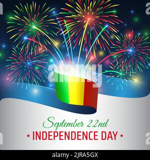 22. September, tag der Unabhängigkeit malis, Vektorvorlage mit Flagge und buntem Feuerwerk auf blauem Nachthimmel Hintergrund. Nationalfeiertag in Mali 22. september Stock Vektor