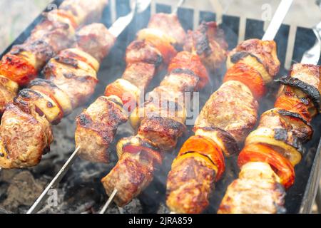 Gegrilltes, gebratenes Schweinefleisch, Fleischstücke auf Spieße. Prozess des Kochens von mariniertem Fleisch mit Gewürzen, Zwiebeln und Tomaten. Picknick im Freien, Grill. Rindfleisch Stockfoto