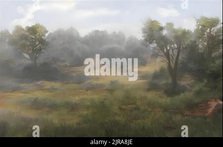 Ein Aquarell von Bäumen auf einem Feld Stockfoto