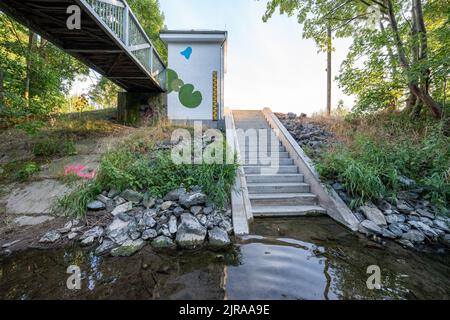 Dürre sorgt für trockene Flüsse im Weimarer Land Stockfoto