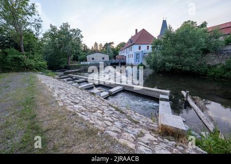 Dürre sorgt für trockene Flüsse im Weimarer Land Stockfoto