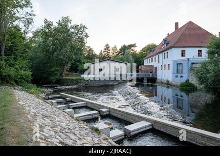 Dürre sorgt für trockene Flüsse im Weimarer Land Stockfoto