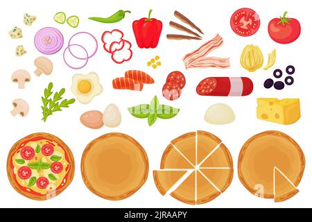 Cartoon Pizza Zutaten. Italienische Küche Fast Food, Garzeit, Pepperoni und Fleisch, frisches Gemüse, Käse und Gemüse, Stücke und ganze Stock Vektor