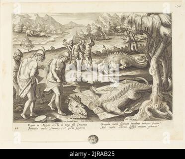 Venationes ferarum, avium, piscium (Jagd von Wildtieren, Vögeln und Fischen). Tafel 46: Enthauptet Krokodile., Antwerpen, von Jan Collaert dem Jüngeren, Jan van der Straet, Philips Galle. Geschenk von Sir Arthur ward, 1990. Stockfoto