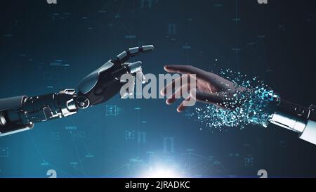 3D Rendering von Roboter Hand berühren und verwandeln Ernte Cyborg in Geschäftsmann gegen digitale Grafiken und Daten Stockfoto